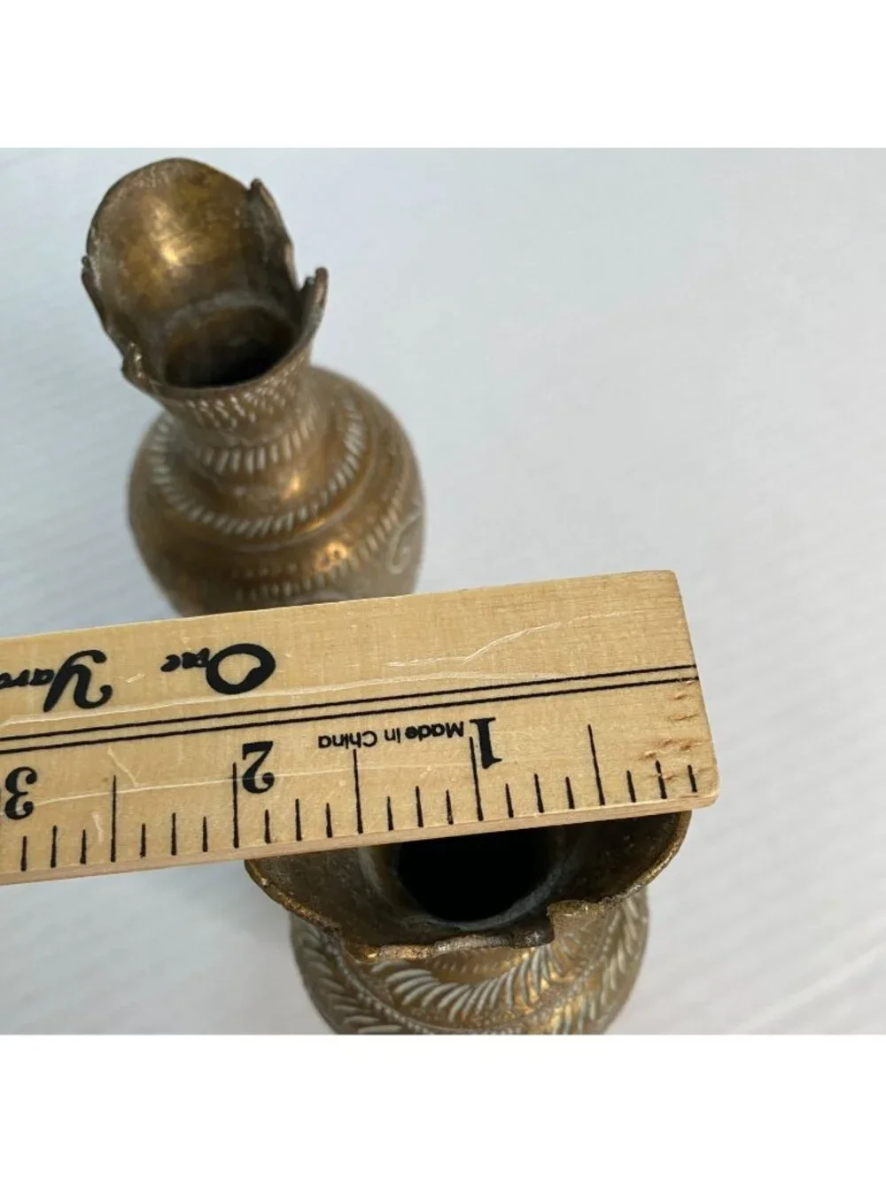 Vintage Brass Bud Vases Set of 2 Etched Floral Indian Vase Small Decorative Pair
